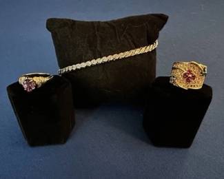 14k genuine purple sapphire/dia ring, size 6, 10k diamond brac., and 18k ruby/blue sapphire/yellow sapphire and emerald ring, size 6.5.