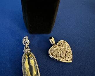 14k green quartz/diamond pendant, 14k rose gold diamond band, size 7.5 and 14k diamond heart pendant.
