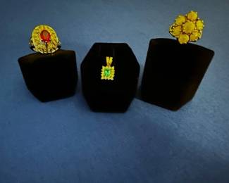 14k pink tourmaline/diamond ring, size 6.5, 18k emerald and diamond pendant and 14k opal ring, size 5.5