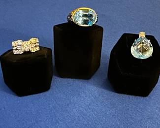 14k 3 band diamond ring, size 6, 18k blue topaz/sapphire ring, size 5 and 18k blue topaz diamond pendant