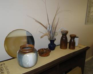 Large extra long table runner, with very nice pottery pieces