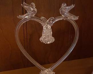 Art Glass Wedding Cake Topper - Heart with Two Doves