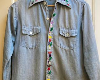 Pantera Negra Embroidered Denim Button Up Long Sleeve Shirt