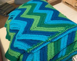 Blue/Green Chevron Design Crocheted Throw Blanket