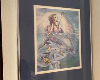 Mermaids On Dolphins Watercolor Print by Emerson