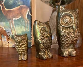 Set of Three Brass Owls