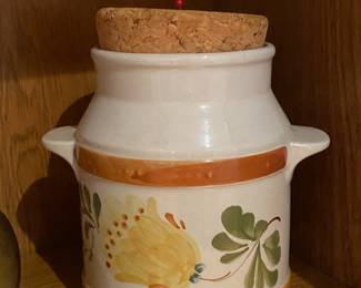  1979 Floral Design Ceramic Storage Canister Jar with 2 Handles and Cork