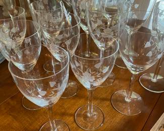 Set of Etched Glass Wine Glasses with Floral Design