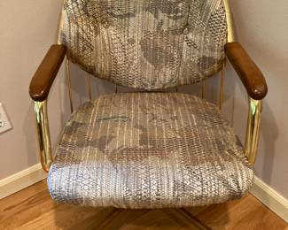Small Oak Dining Table with Rolling Brass/Upholstered Dining Chairs