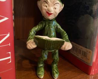 Green Ceramic Pixie Standing Reading Book Figurine
