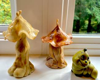 Two Mushroom Shaped Candles, Green Whimsical Worm Figurine