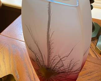 Red Gold Frosted Blown Glass Peacock Feather Vase - Made in Poland