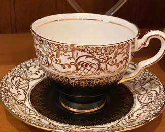 Royal Stafford Hand Painted Black/Gold Tea Cup and Saucer