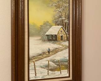 Framed Winter Cabin Oil Painting by Richard Schiller 