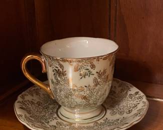 Gold Tone Floral Teacup and Saucer Made in Occupied Japan