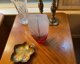 Red Gold Frosted Blown Glass Peacock Feather Vase - Made in Poland, Brass Leaf Trinket Dish, Cut Crystal Vase