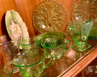 Assortment of Uranium Glass - Dinner Plates, Salad Plates, Vase, Teacups
