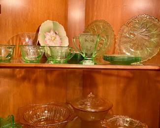 Assortment of Uranium Glass - Dinner Plates, Salad Plates, Vase, Teacups, Pink Depression Glass Mixing Bowl, Serving Dish with Lid, Small Bowl
