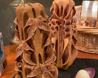 Two Brown Carved Ribbon Candles