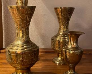 Set of 3 Varying Sized Etched Brass Vases