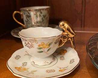 Gold Rimmed with Gold Tone Bird Motif, Floral Design Teacup and Saucer Made in Japan