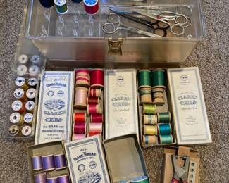 Assortment of Thread, Button Punch, Scissors

