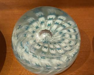 Blue/White Blown Glass Sphere Paperweight