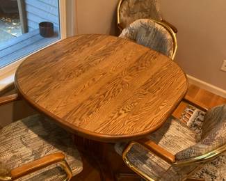 Small Oak Dining Table with Rolling Brass/Upholstered Dining Chairs
