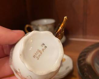 Gold Rimmed with Gold Tone Bird Motif, Floral Design Teacup and Saucer Made in Japan