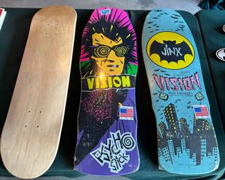 Vintage skate boards. We also have a stubbies event program signes by Tony Hawk.