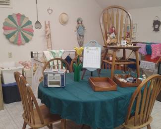 Wood table and six chairs.