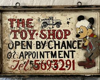 VINTAGE WOODEN ‘TOY SHOP’ ADVERTISING SIGN WITH MICKEY MOUSE 