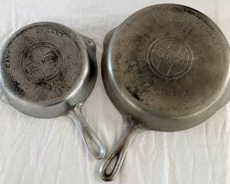 LOT OF 2 GRISWOLD NICKEL PLATED SKILLETS - #5 & #8 - LARGE EMBLUMS, BLOCK LETTERS 