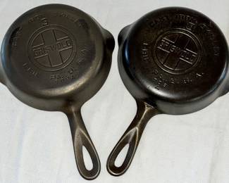2 GRISWOLD CAST IRON #3 SKILLETS - LARGE EMBLUM, BLOCK LETTERS 