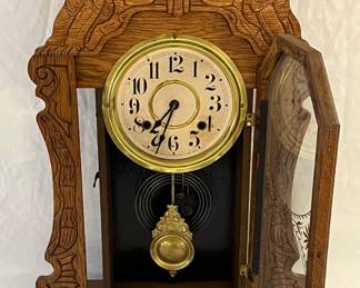 ANTIQUE OAK PRESS CARVED ‘GINGERBREAD’ CLOCK WITH LION’S HEADS - WITH PENDULUM & KEY 