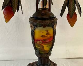 ART DECO REVERSE GLASS 3 LIGHT TABLE LAMP 