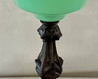 19th C. CAST IRON BASE GREEN ‘JADEITE’ FONT OIL LAMP 