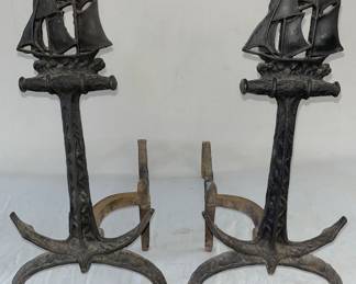 CAST IRON NAUTICAL SHIP AND ANCHOR ANDIRONS 