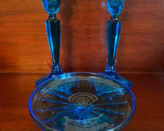 Vintage blue glass compote & candlesticks