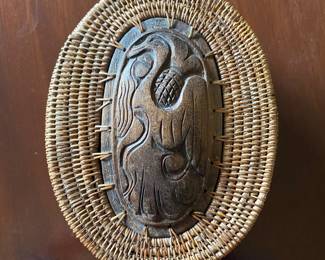 Woven grass box w/carved wood inset