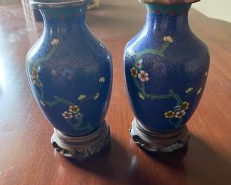 Pair small cloisonné vases on stands