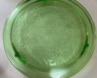 Green Depression glass cake dish