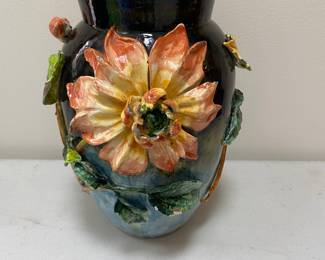 Vintage art pottery vase w/applied flowers - 1 of 2
