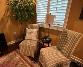 upholstered side chairs; silk ficus tree