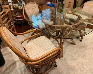 Rattan/bamboo table with glass top; 3 chairs