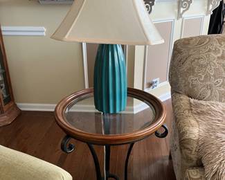 round side table; lamp