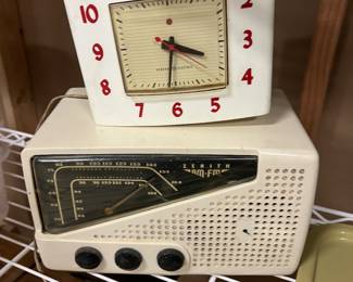 Vintage GE clock; vintage Zenith radio