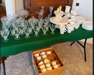 Crystal goblet sets, Milkglass punch bowl set and snack set