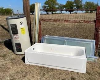 60-gallon water heater, tub, 2 shower door sets