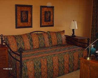 Bedspread, drapes, pillows